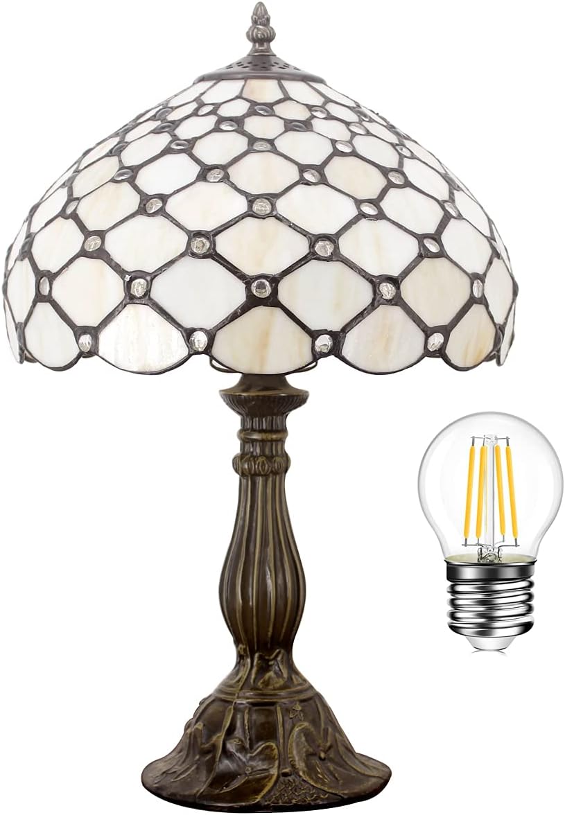 WERFACTORY Tiffany Lamp Cream Amber Stained Glass Bead Table Lamp Desk Bedside Reading Light 12X12X18 Inches Deco Bedroom Living Room Home Office S005 Series