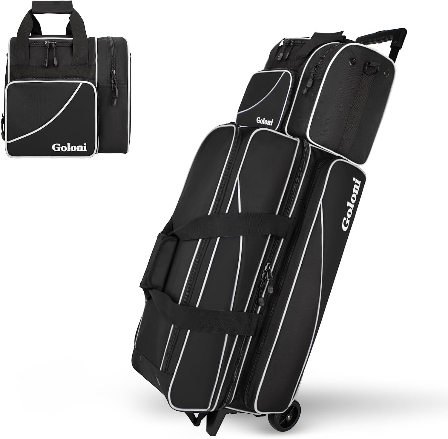Goloni 3 Ball Bowling Bag with Wheels, Rolling Bowling Roller Bag with Retractable Handle for Balls & Bowling Accessories
