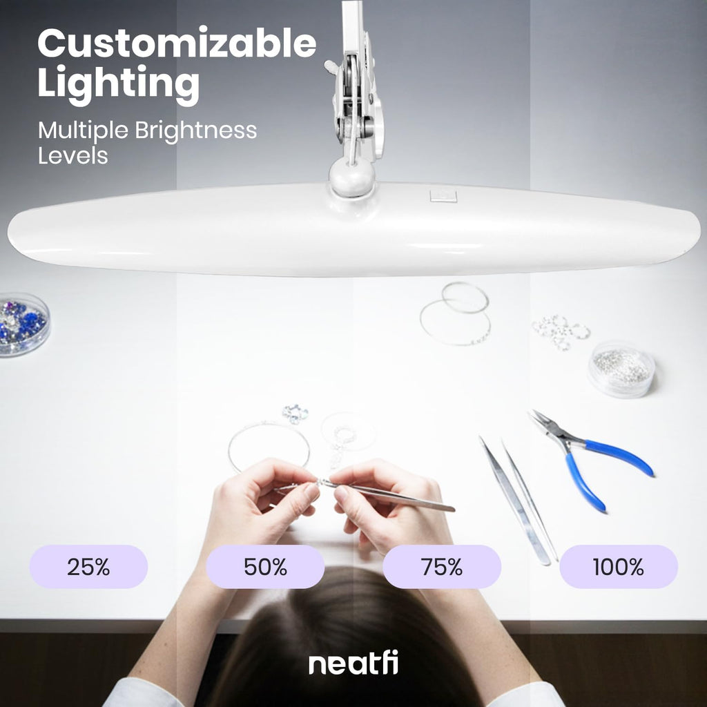 Neatfi XL 2200 Lumens 24W LED Desk Lamp - 4-Level Dimmable Task Light | Home Office, Crafts & Workbench | 20-Inch Wide Head (White, Non-CCT with Base)