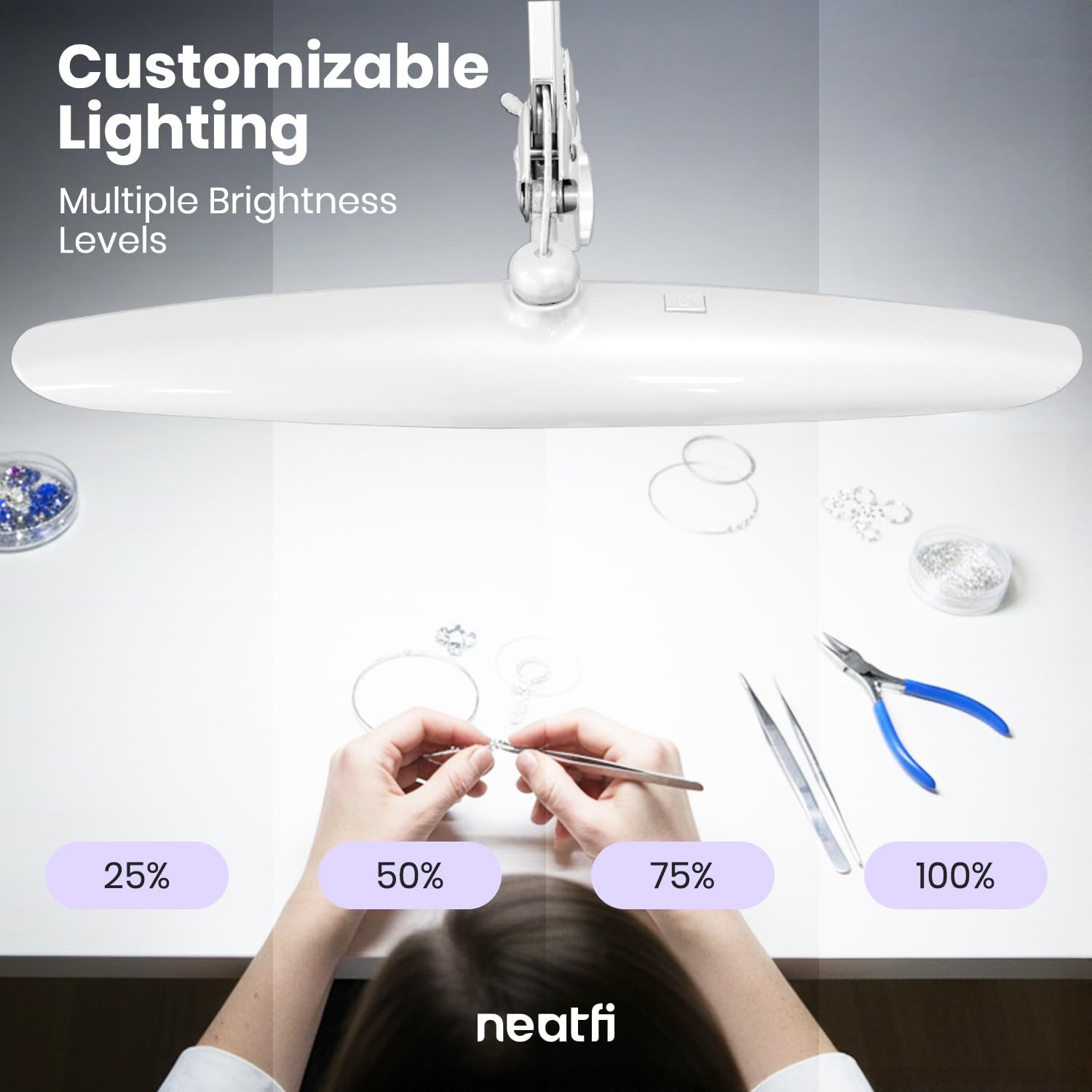 Neatfi XL 2200 Lumens 24W LED Desk Lamp - 4-Level Dimmable Task Light | Home Office, Crafts & Workbench | 20-Inch Wide Head (White, Non-CCT with Base)