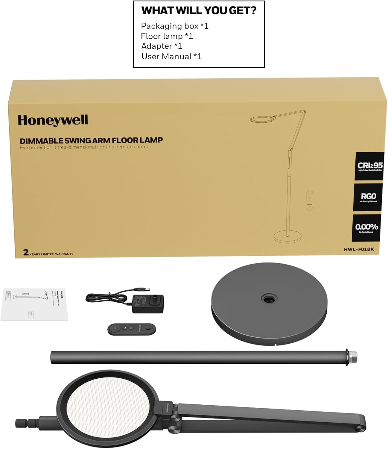 Honeywell LED Floor Lamp - F01BK Sunturalux™ Eye Caring Dimmable Standing Light with Remote,Bright Natural Daylight 5 Colors & 5 Brightness Adjustable Tall Lampara for Home Office Living Room Bedroom