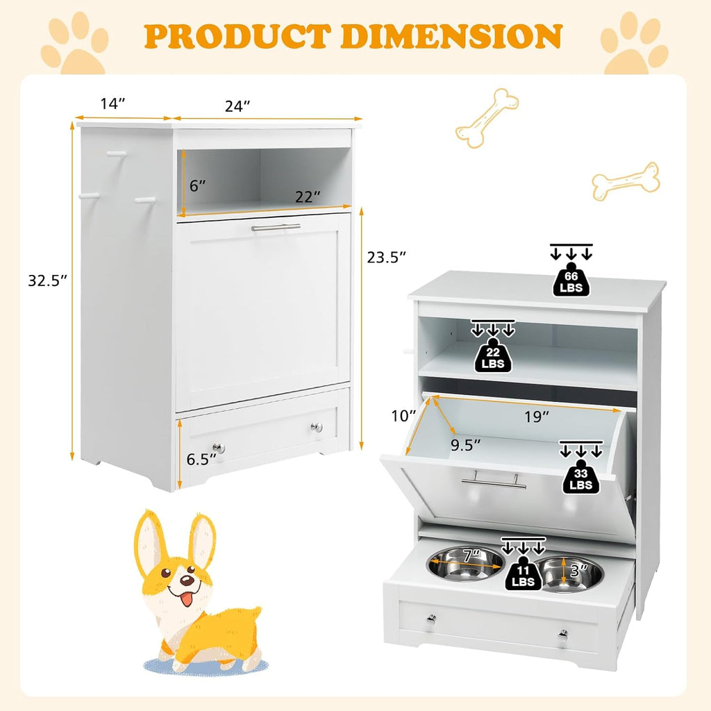 PETSITE Dog Feeding Station with Storage and 2 Elevated Bowls, Modern Dog Food Cabinet with 3 Side Hangers and Tilt-Out Storage Cabinet (White)