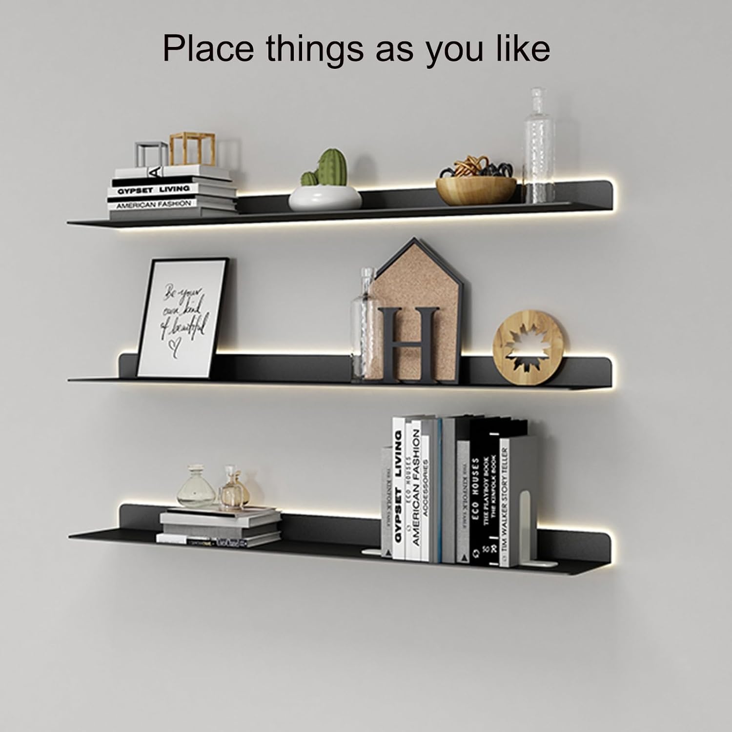 Floating Shelves, Floating Display Shelf Wall Mounted Light-Emitting Shelves Display Shelf All Kinds of Things Can Be Stored Here It's More Convenient (Color : Noir, Size : 60x20x6cm)