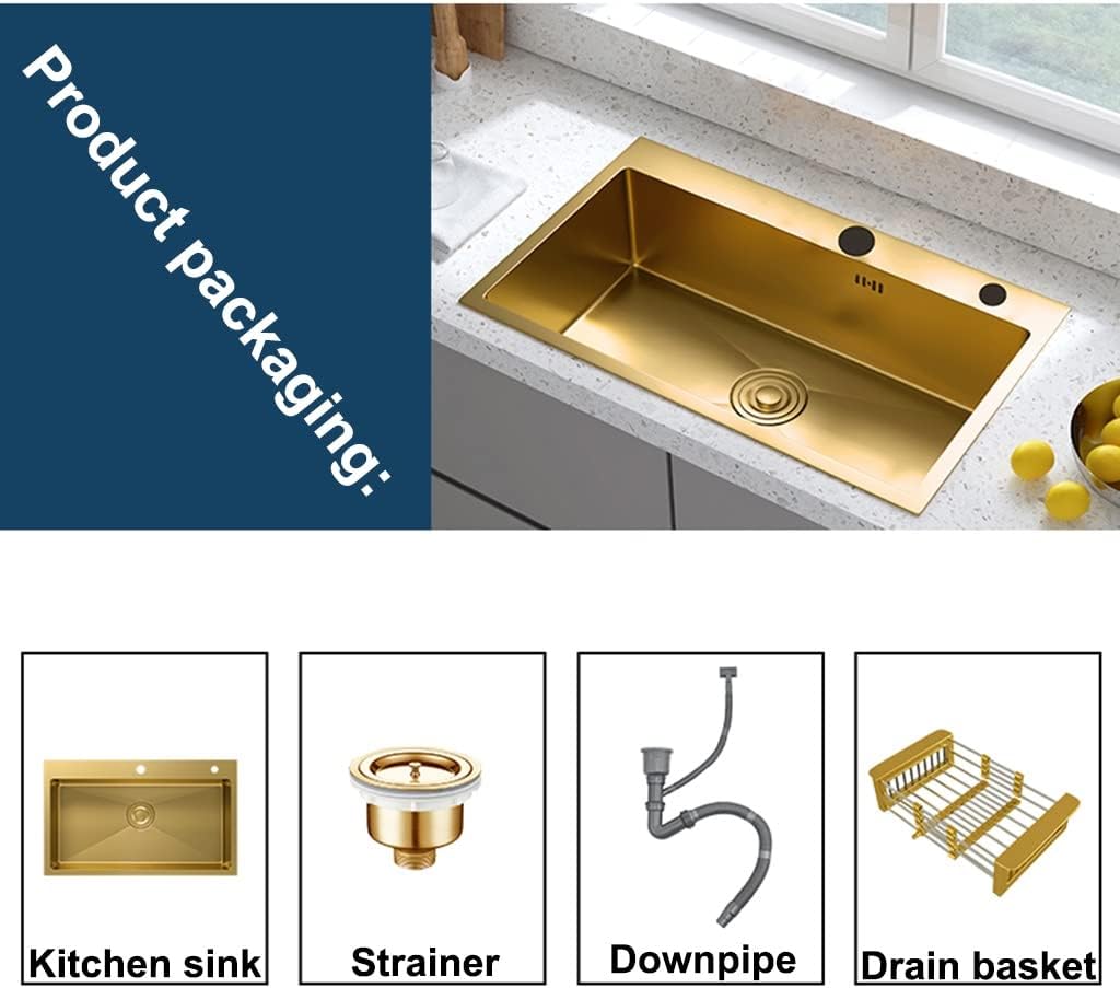 Kitchen Sink Kitchen Single Bowl Sink Single Bowl Bar Preparation with Drain Assembly Drop-in Or Undermount (Color : Gold, Size : 55x45x21cm) (Gold 55x45x21cm)