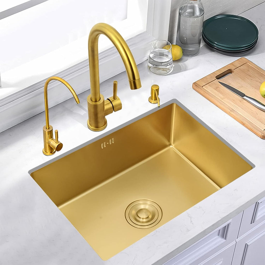 Gold 304 Stainless Steel Kitchen Sink,Single Bowl Sink with Gold Drainer Suitable for Bathroom,Bar,Restaurant (Gold-45x40x21cm