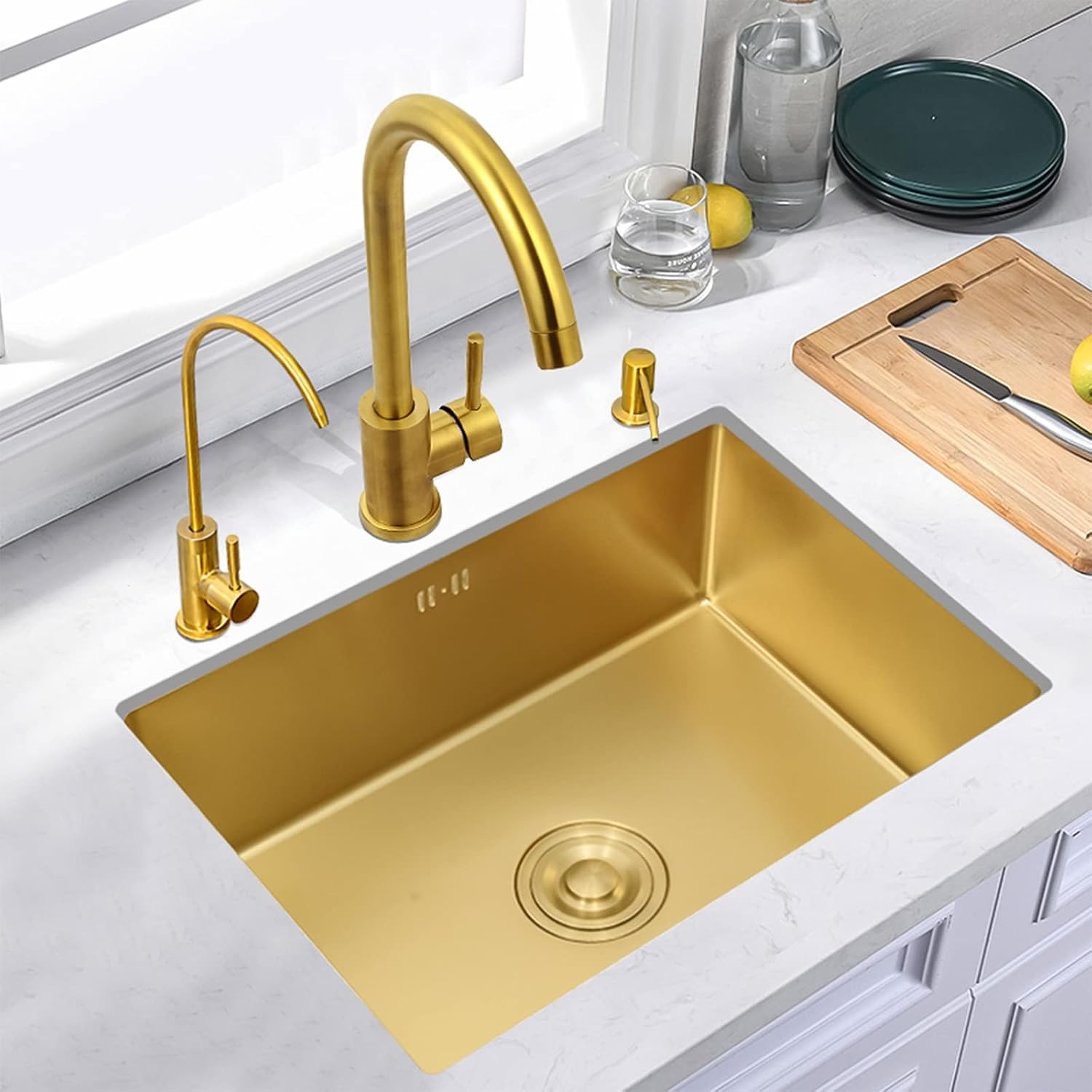 Gold 304 Stainless Steel Kitchen Sink,Single Bowl Sink with Gold Drainer Suitable for Bathroom,Bar,Restaurant (Gold-45x40x21cm