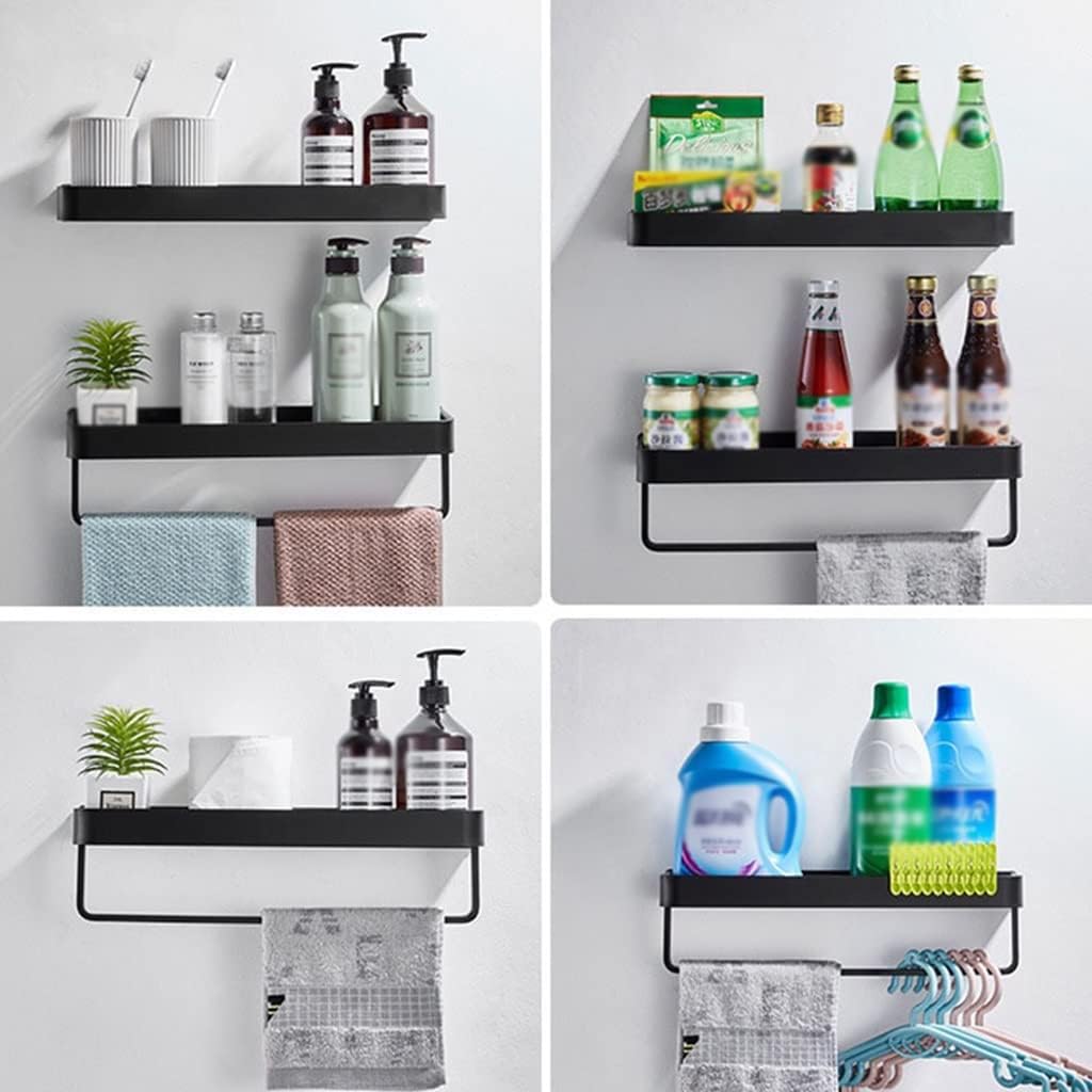Multifunctional Shower Caddy Floating Shelves Bathroom Shelf Aluminum Black Shower Gel Corner Shelf Punch-Free Cosmetics Organizer Shelf Wall Mounted Kitchen with Towel Bar/50Cm (40cm)