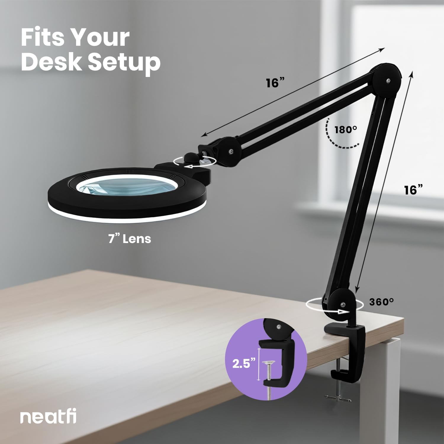 Neatfi XL Bifocal LED Magnifying Lamp, 7' Acrylic Lens, 2.25X/6X Magnification, 1,600 Lumens Dimmable | Hands-Free Close Work | Crafting, Jewelry & Reading (Black, 7-inch Lens, Non-CCT with Clamp)