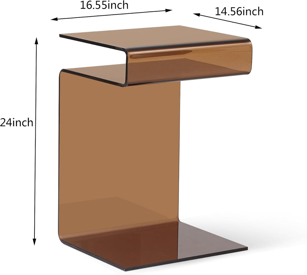 Glass Nightstand End Table, Amber Color S-Shape Bedside Tables, Modern Small Side Table for Living Room, Sofa Nightstand (Brown S-Shape)