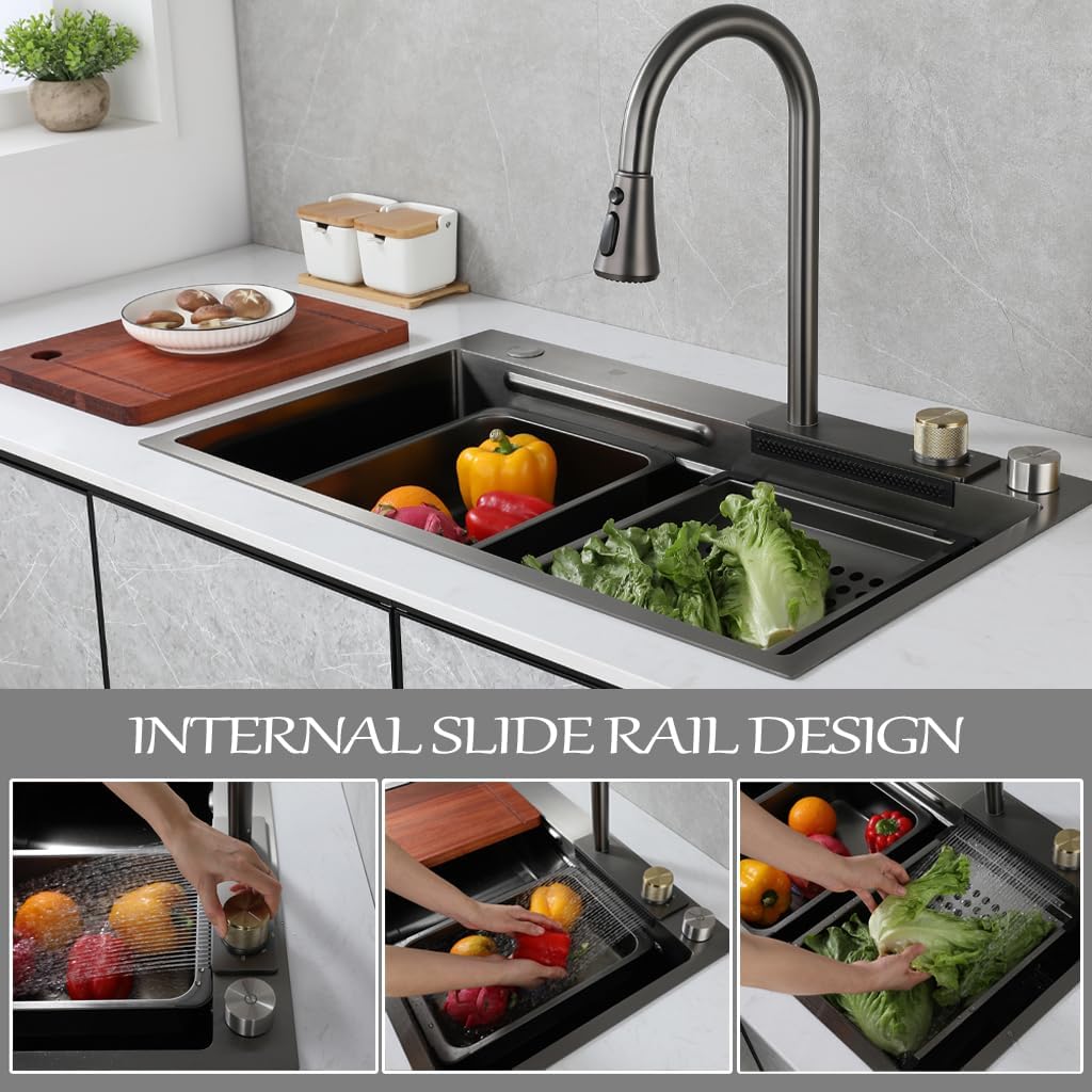 Stainless Steel Waterfall Kitchen Sink with 3-in-1 Faucet Multifunctional Single Bowl Sink with Drainage Basin, Drainage Basket, Cutting Board, Cup Washer, (Black Grey-68x45x22cm