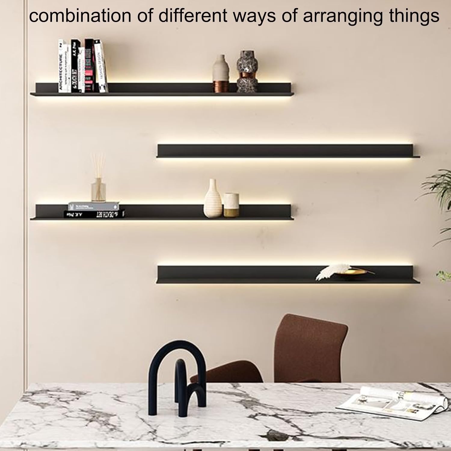 Floating Shelves Wall Mounted, Light-Emitting Shelves LED Light Wall Shelves Doesn't Take Up Wall Space Shelves Can Hold A Lot of Items (Color : Noir, Size : 60x20x6cm)