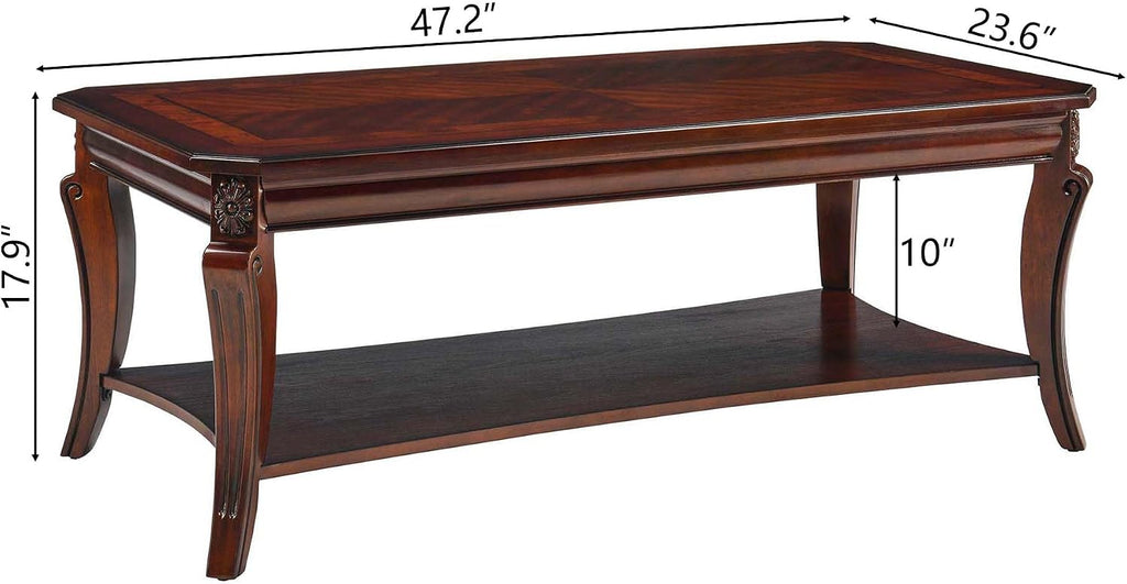 Large Coffee Table with Shelf for Living Room, Rectangle Solid Wood Cocktail Table with Open Storage Shelf, Mid-Century Modern Sofa Center Tables, 47.2'L x 23.6'W x 17.9'H, Cherry Brown KFZ-A1168-WD