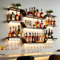 55.1 in Wall Mounted Wine Rack with Glass Holder,3-Tier | LED Light, Floating Bar Shelves ,Wave Design, DIY Combinable, Heavy-Duty Black Metal Display for Home Bar, Cafe Decor
