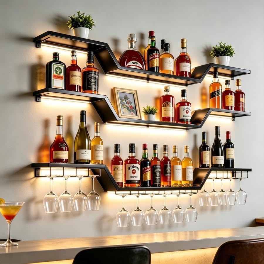 55.1 in Wall Mounted Wine Rack with Glass Holder,3-Tier | LED Light, Floating Bar Shelves ,Wave Design, DIY Combinable, Heavy-Duty Black Metal Display for Home Bar, Cafe Decor