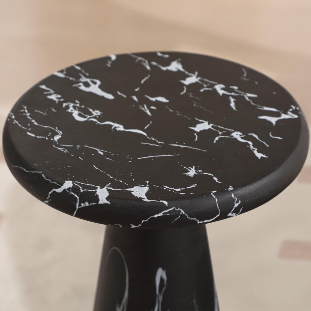 Modern Faux Marble Bedside Table for Living Room, 9' Round Stone Side Table Vintage Night Stand, Small Rustic Black End Table for Drink in Bedroom Apartment Waiting Room, White and Black