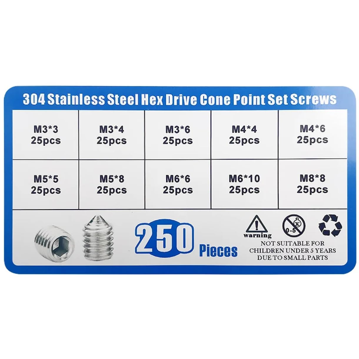 250pcs Stainless Steel Socket Head Hex Set Screws M3 M4 M5 M6 M8 Cup Assortment Kit Grub Screw Cup Point Grub Screw Kit Set (10 Boxes)