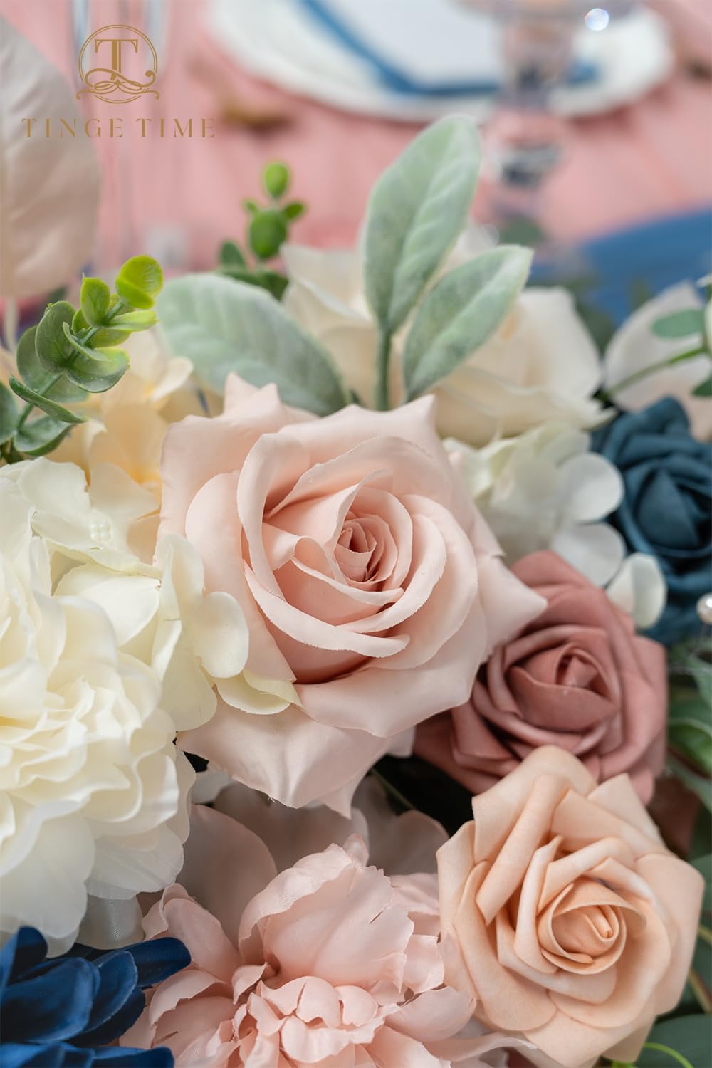 TINGE TIME Artificial Sweetheart Flower Swag with Tablecloth and Table Runner, Pack of 3 Floral Arrangement for Wedding Sweetheart Table Centerpiece Decoration (Dusty Rose & Navy Blue)