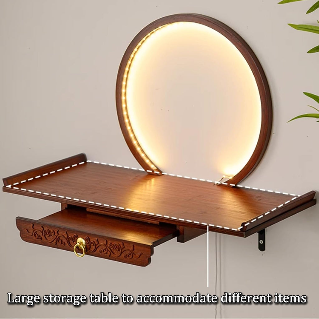 Wall-Mounted Buddha Statue Stand with LED Light Household Small Buddhist Shrine Altar Table with Retractable Pull Plate Bamboo Prayer Offering Table Wall Altar Shelf for Incense Offerings.(Walnut,50X2