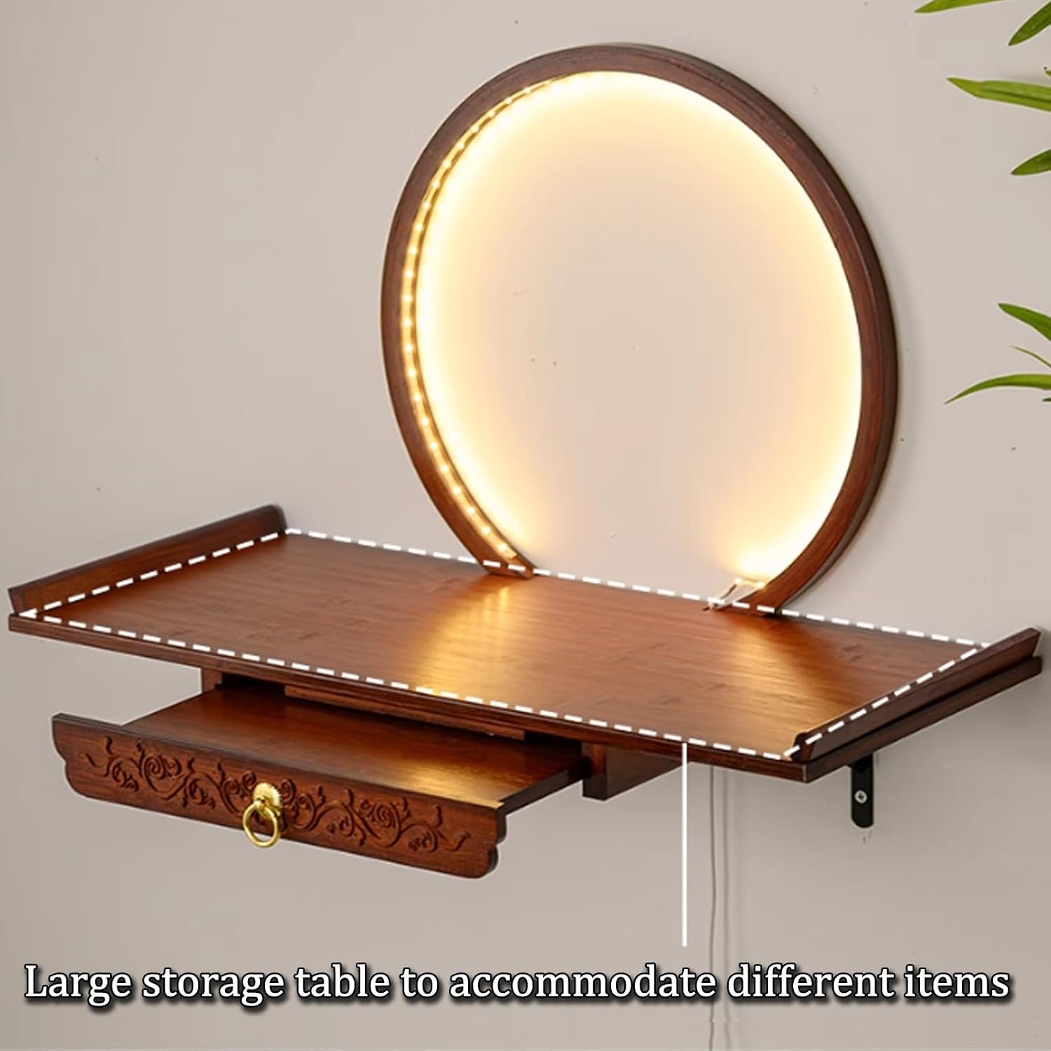 Wall-Mounted Buddha Statue Stand with LED Light Household Small Buddhist Shrine Altar Table with Retractable Pull Plate Bamboo Prayer Offering Table Wall Altar Shelf for Incense Offerings.(Walnut,50X2