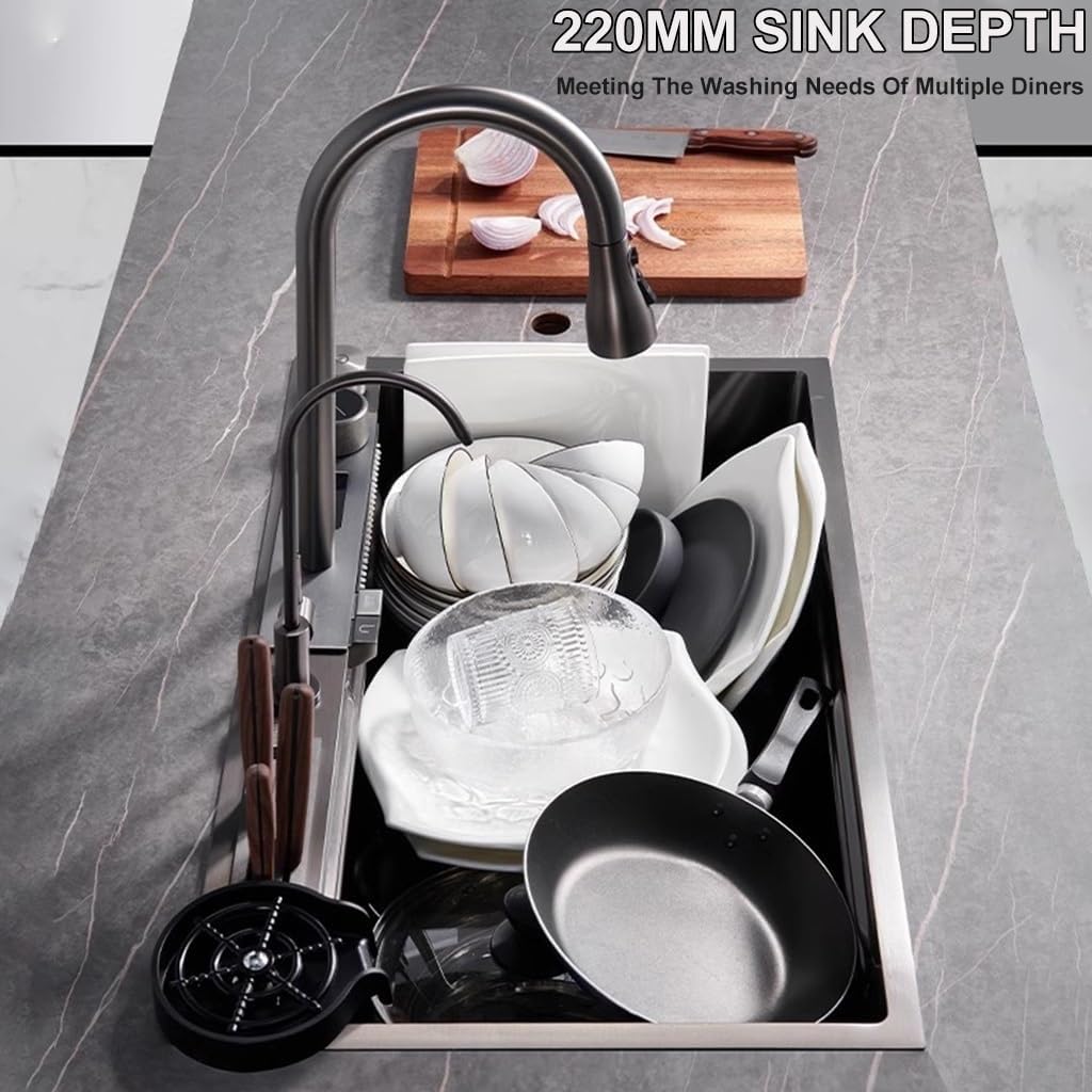 Stainless Steel Kitchen Waterfall Sink with LED Display -Coated Workstation Sink with Pull-Out Faucet and Cup Washer Household Single Bowl Sink with Accessories (Size : 80x46x22cm)