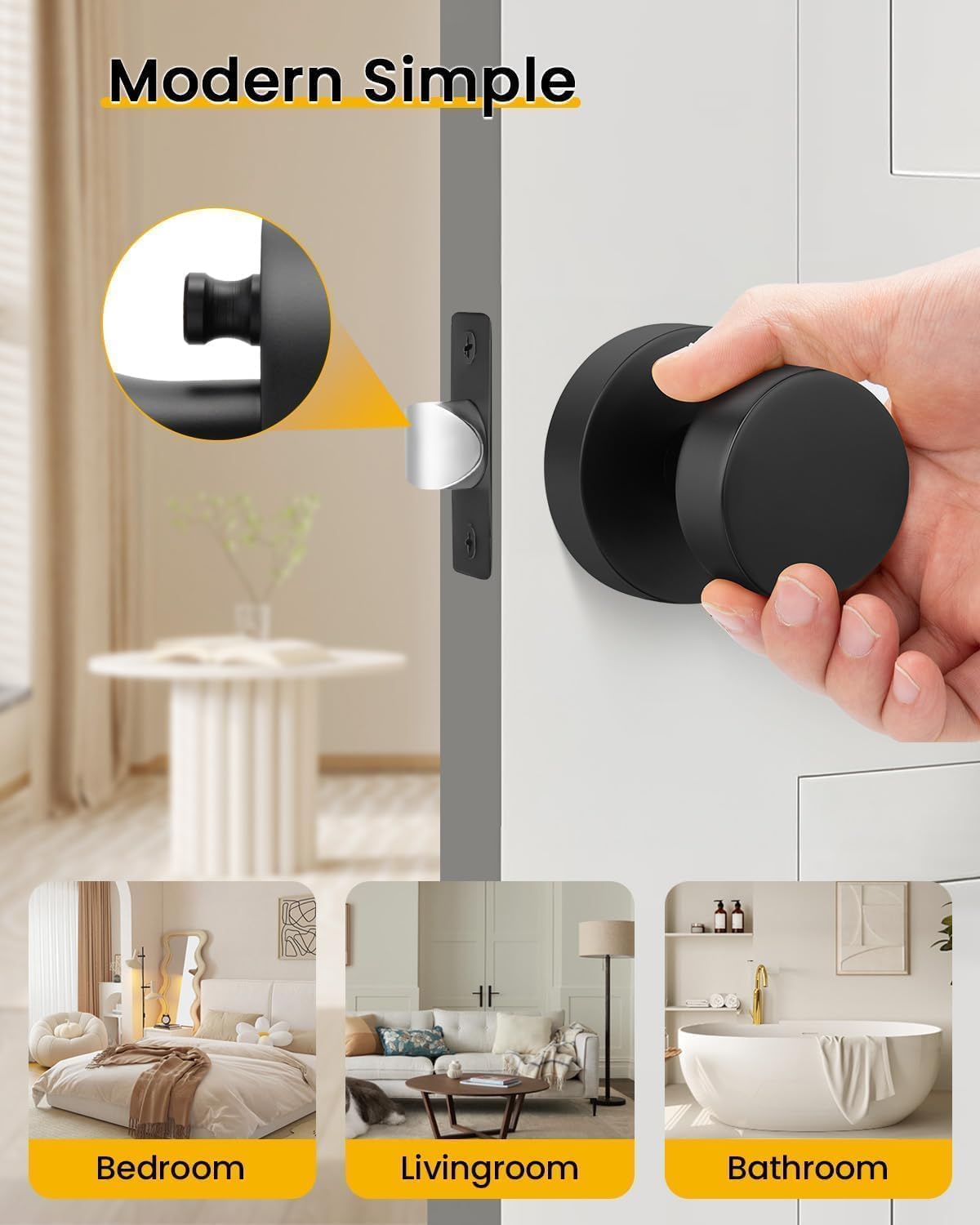 Goldenwarm Black Door Knobs Interior, Zinc Alloy Matte Black Privacy Door Knob, Interior Door Knobs for Bathroom, Bedroom Door Knob, Heavy Duty Round Ball (5 Pack)