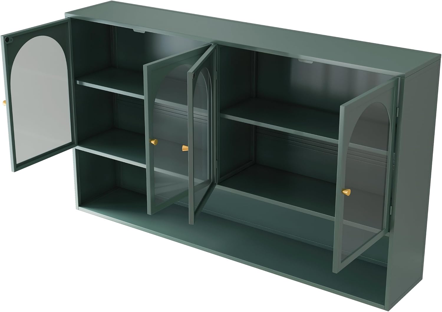 Retro Style Tempering Glass Door Wall Cabinet with Detachable Shelves and Open Shelves，for Office Dining Room,Living Room, Kitchen and Bathroom Dark Green