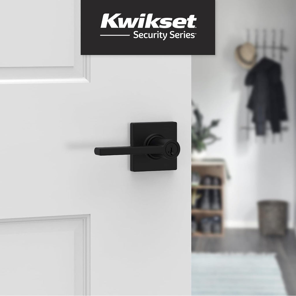 Kwikset Casey Entry Door Handle with Lock and Key, Secure Keyed Reversible Lever Exterior, for Front Entrance and Bedrooms, Matte Black, 4 Pack, Pick Resistant SmartKey Rekey Security and Microban