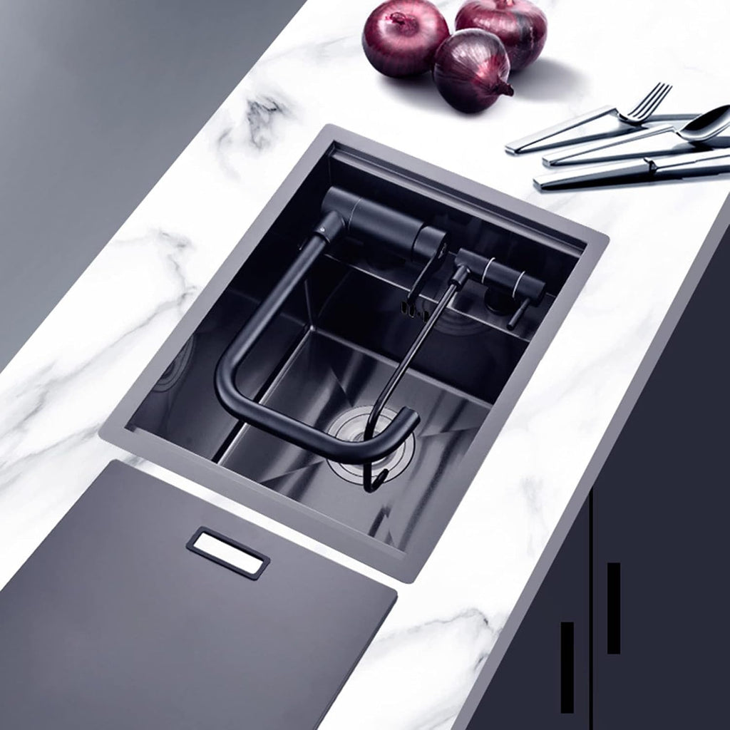 Undermount Kitchen Sink Hidden Sink with Foldable Tap and Cover, Laundry Utility Drop-in Topmount Single Bowl Sink Stainless Steel Kitchen Bathoom Sinks, Bl(Black-35x45cm