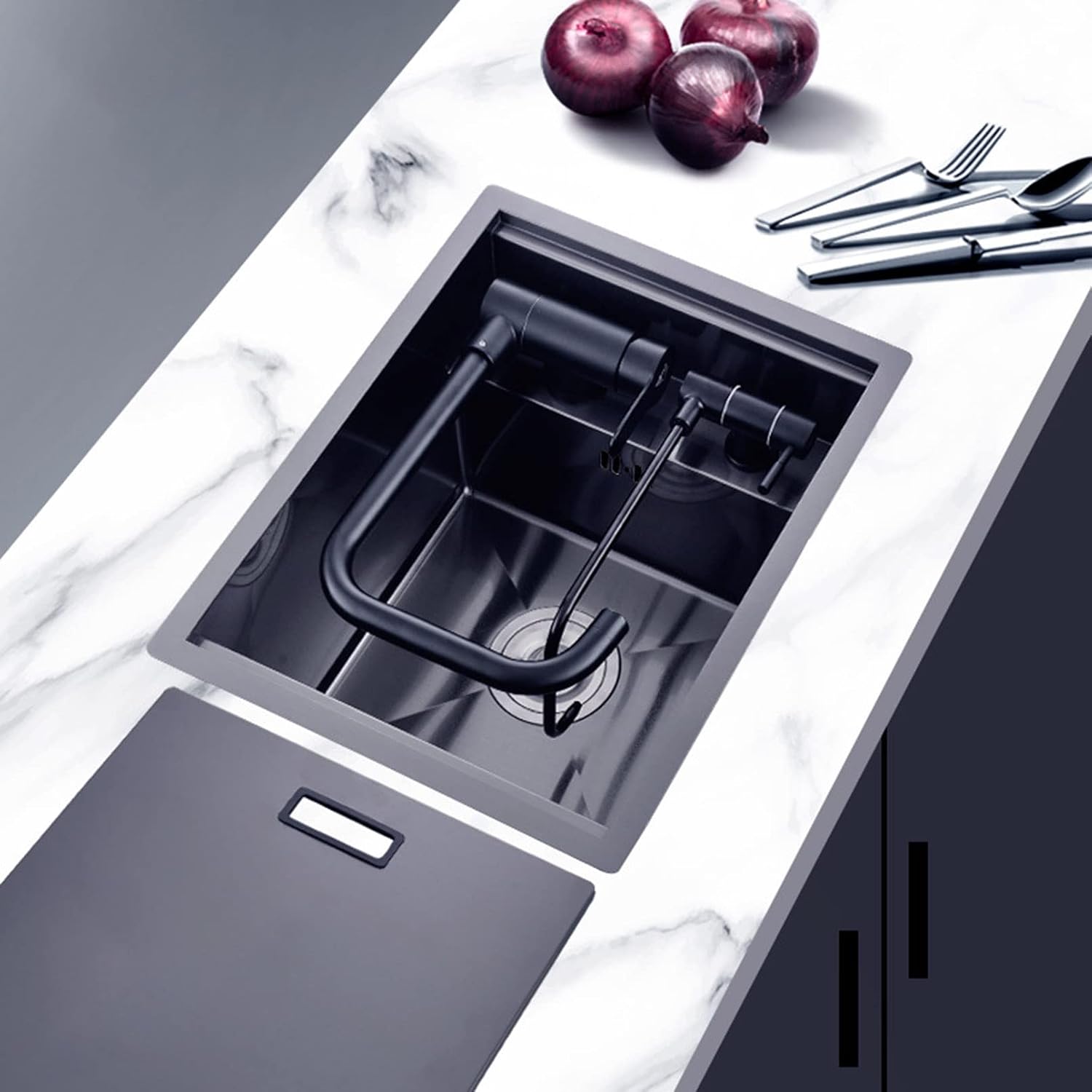 Undermount Kitchen Sink Hidden Sink with Foldable Tap and Cover, Laundry Utility Drop-in Topmount Single Bowl Sink Stainless Steel Kitchen Bathoom Sinks, Bl(Faucet + Soap Dispenser-35x45cm