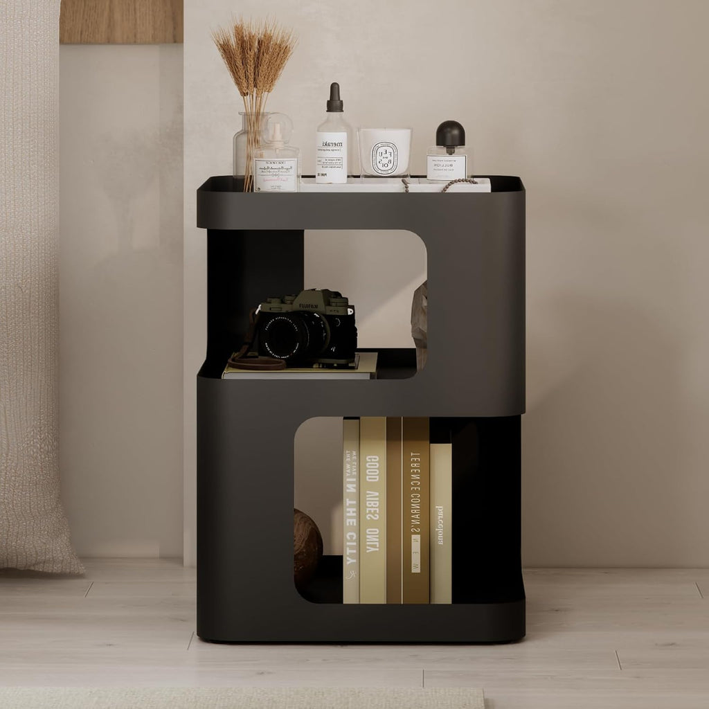 Modern Side Table for Sofa & Couch,Black Metal Bedside Table,3 Tier end Tables with Storage for Living Room & Bedroom,Compact Nightstand for Small Spaces,No Assembly Required