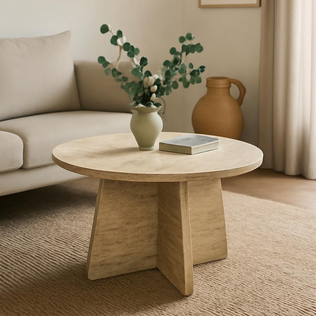 Travertine Efect 22.8 Inches Diameter Coffee Table Modern Side Table for Living Room Accent Table for Sofa or Bedroom (22.8x22.8x16.5 inches)