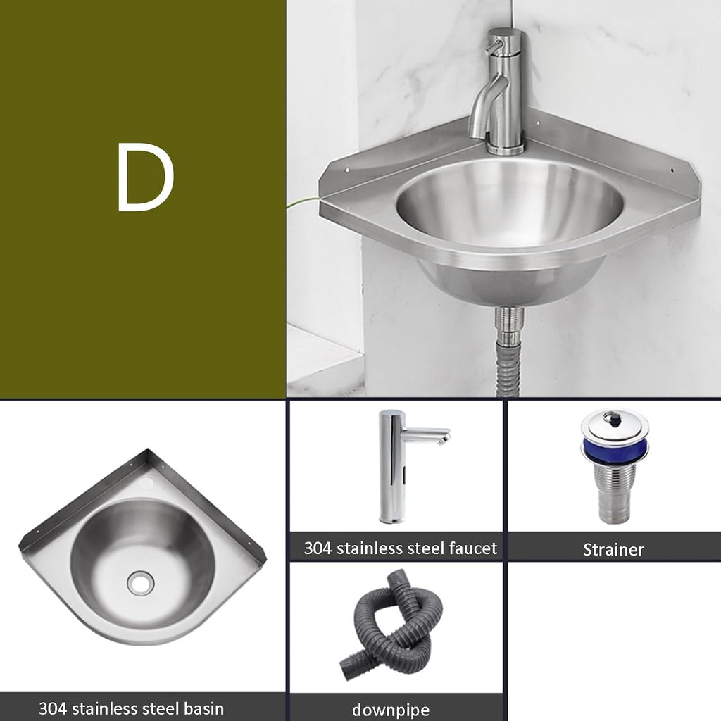 Stainless Steel Single Bowl Sink with Faucet, 3.9IN Deep Wall-Mounted WashBasin, Space-Saving, Easy to Clean,Small Sink Corner for Kitchen Bathroom (Color : Silver, Size : E) (Silver D)