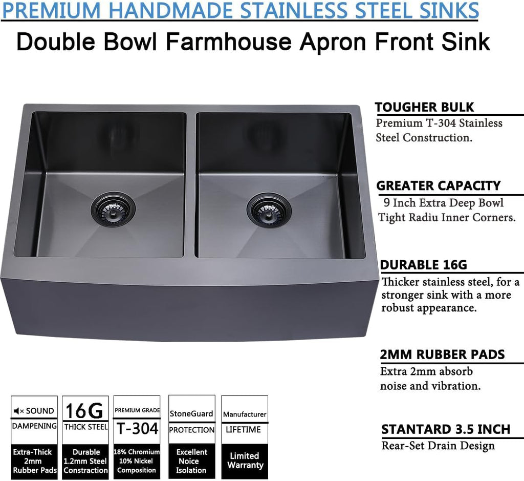 SHACO 33 Inch Double Bowl Divided 50/50 Black Farmhouse Sink, 33x21 Gunmetal Black Stainless Steel Undermount Apron Front Farm Kitchen Sink