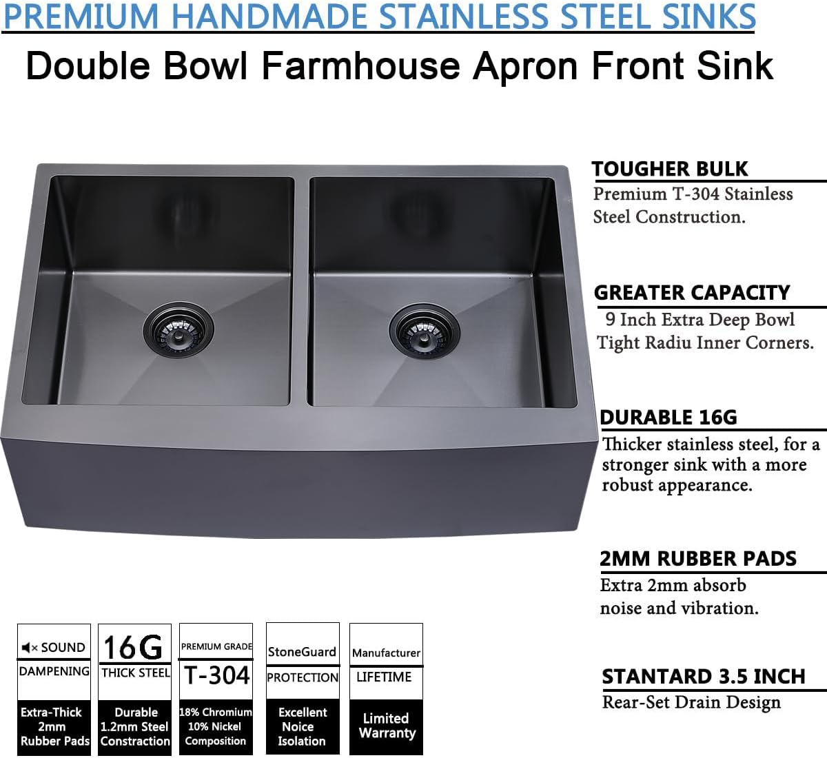 SHACO 33 Inch Double Bowl Divided 50/50 Black Farmhouse Sink, 33x21 Gunmetal Black Stainless Steel Undermount Apron Front Farm Kitchen Sink