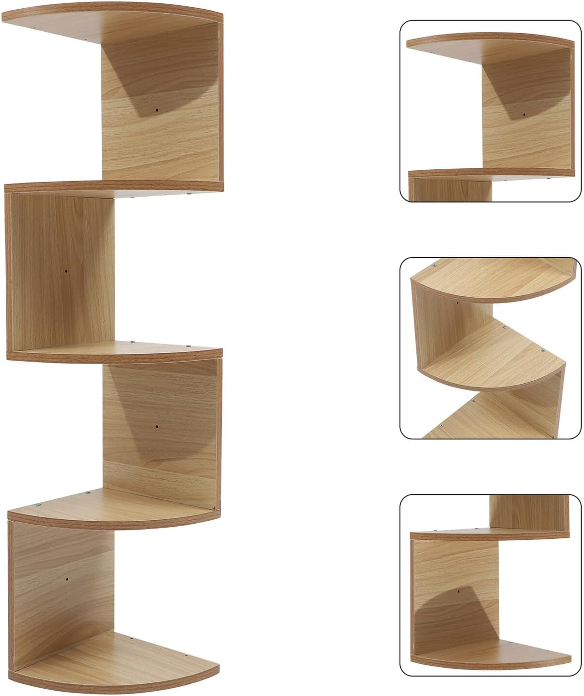Wooden Wall-Mounted Rack 5-Tier Home Storage Shelf Light Walnut Floating Shelf Corner Design Decorative Holder for Living Room Kitchen Bathroom