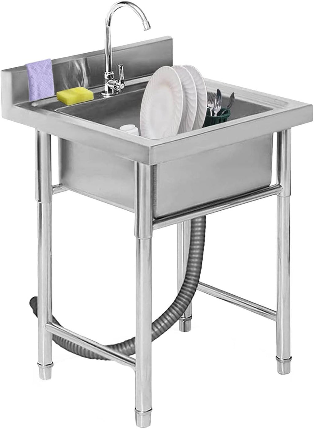 Kitchen Utility Sink Set Bar Prep Sink Stainless Steel Single Bowl Sink for Laundry Backyard Garage Camping Freestanding Easy to Clean