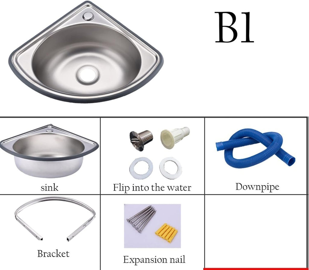 Stainless Steel Wall-Mounted Single Bowl Sink Triangle Wash Basin Thick Small Sink Corner for Kitchen Bathroom Lavatory (Color : Silver, Size : A(34x34cm)) (Silver B1(34x34cm))