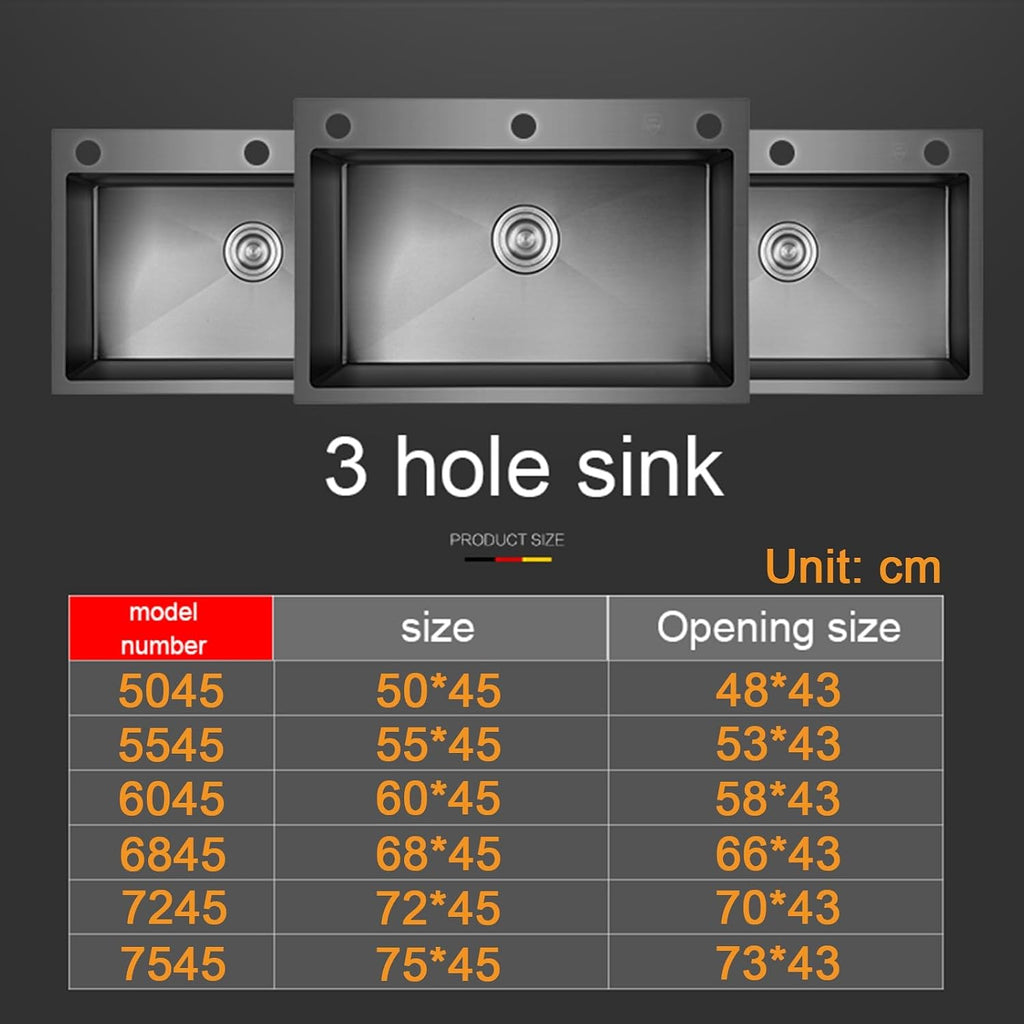 JATIBOSH Kitchen Sinks Large Kitchen Sink, Convenient 3 Hole Design Stainless Steel Sink, Single Bowl Sink Workstation, with Pull-Out Faucet (Color : Black, Size : 50 * 45cm)