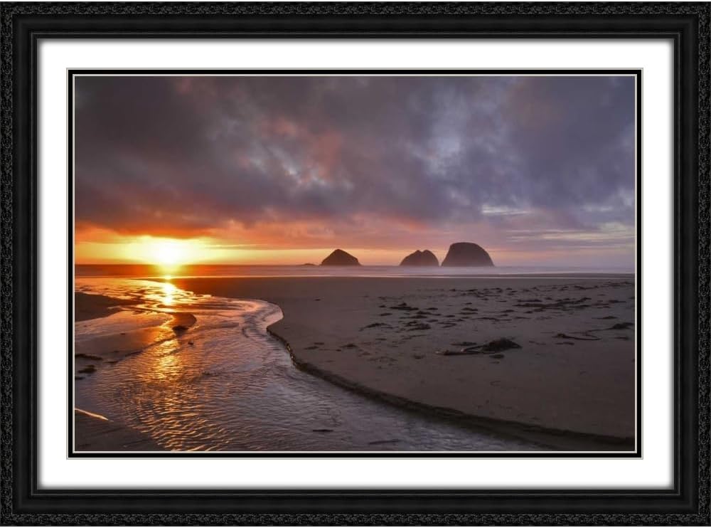 Terrill, Steve 18x15 Black Ornate Framed and Double Matted Museum Art Print Titled Oregon, Oceanside Sunset on Three Arch Rocks