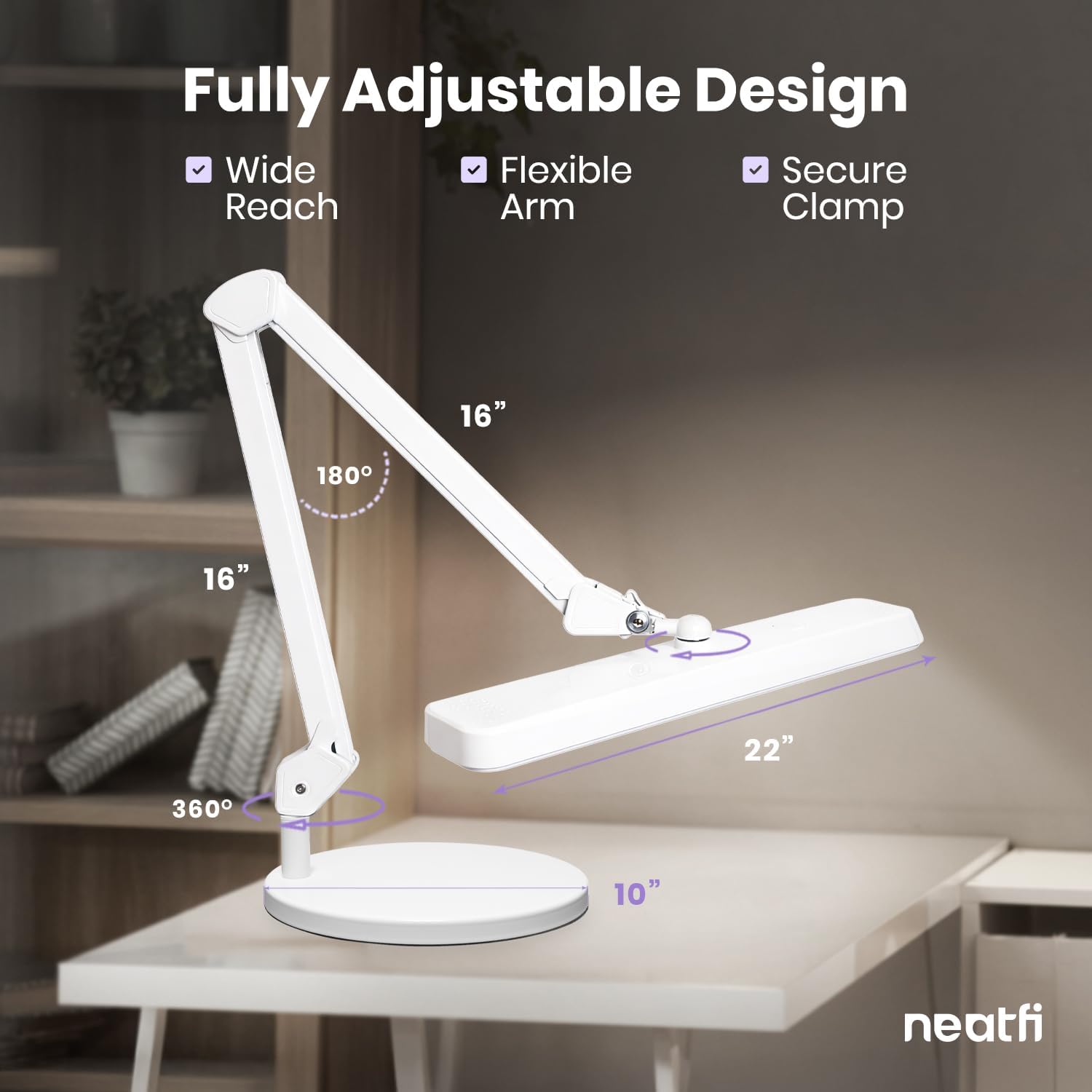 Neatfi XL 2,500 Lumens 30W LED Task Lamp for Manicure Table, Crafts, Workbench, Office - 22' Wide Shade Desk Light | Eye-Caring 6500K | 4-Level Brightnes (White, Non-CCT with Base)