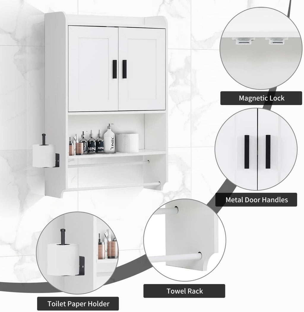 apexnova Bathroom Wall Cabinet, Wooden Medicine Cabinet Over The Toilet with Adjustable Inner Shelf, Wall Mounted Cabinet with Doors for Bathroom Storage, Hanging Cabinet for Wall with Towels Bar