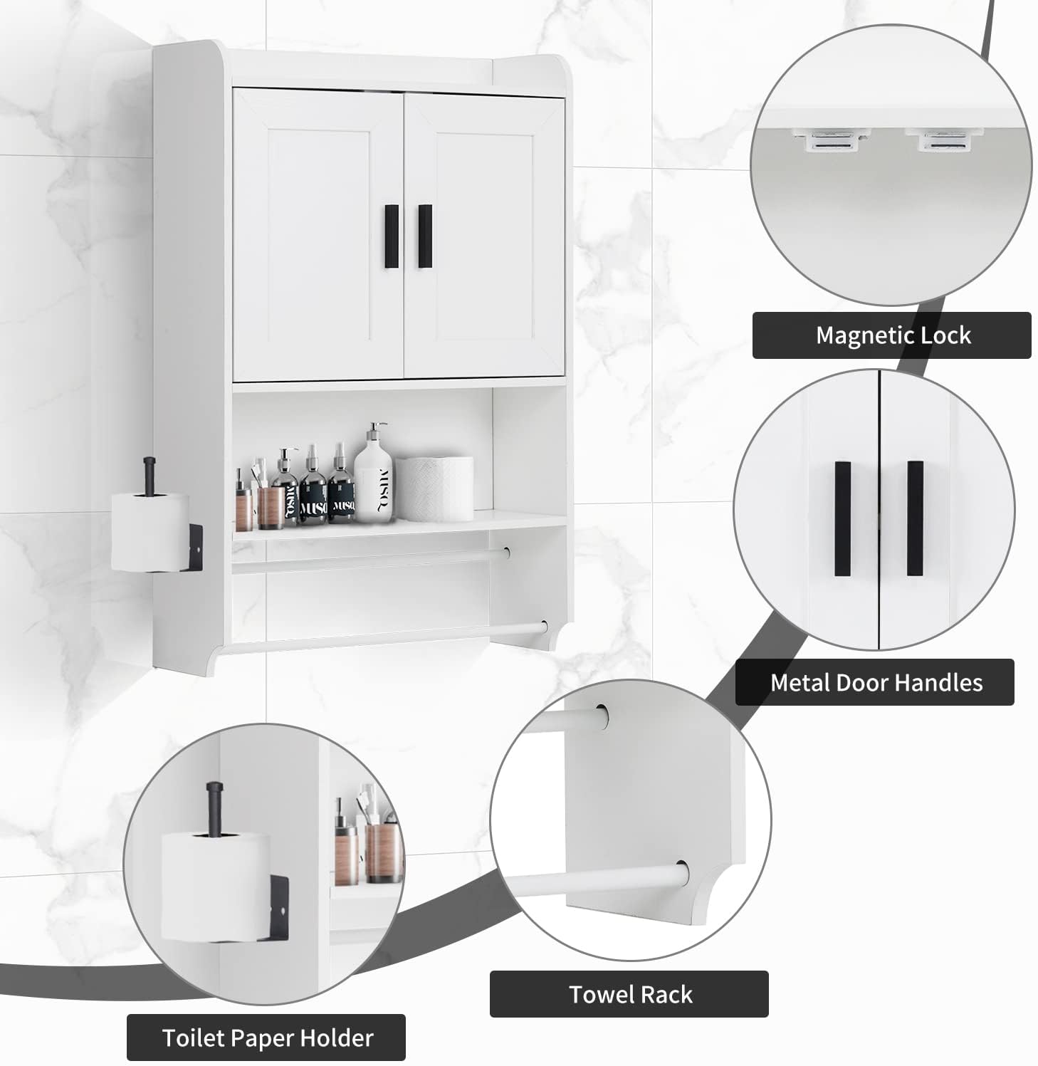 apexnova Bathroom Wall Cabinet, Wooden Medicine Cabinet Over The Toilet with Adjustable Inner Shelf, Wall Mounted Cabinet with Doors for Bathroom Storage, Hanging Cabinet for Wall with Towels Bar