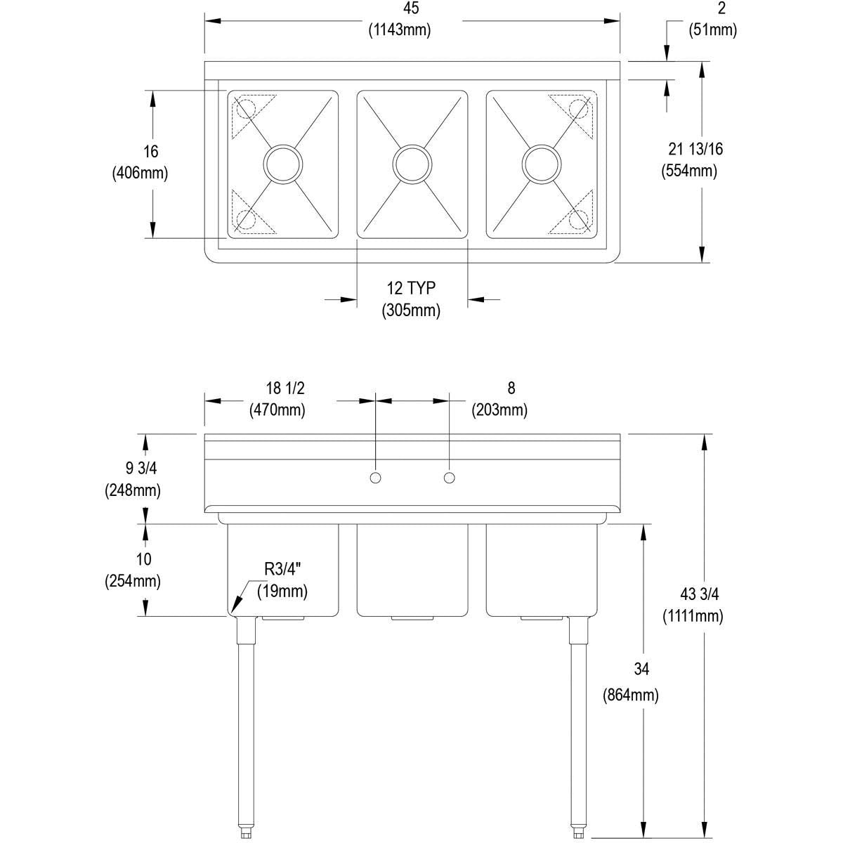 Elkay Foodservice 3 Compartment Sink, 45'X21.75' OA, 36' Working Height, 12X16 Bowl, 10 Deep, 10.75' Backsplash, No Drainboards, 8' On Center Faucet Hole, Galvinized Legs, Adjustable Feet, 16 Gauge 300 Series Stainless Steel, NSF Certified