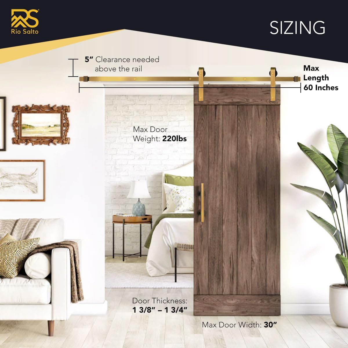 Rio Salto Gold Barn Door Hardware Kit Length 4ft 11in or 59' Sliding Door Hardware Modern Interior Gold Barn Brushed Brass Luxury Panel Hardware - 4ft 11in - NO Door