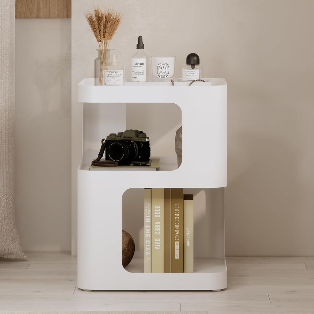Modern Side Table for Sofa & Couch,White Metal Bedside Table,3 Tier end Tables with Storage for Living Room & Bedroom,Compact Nightstand for Small Spaces,No Assembly Required