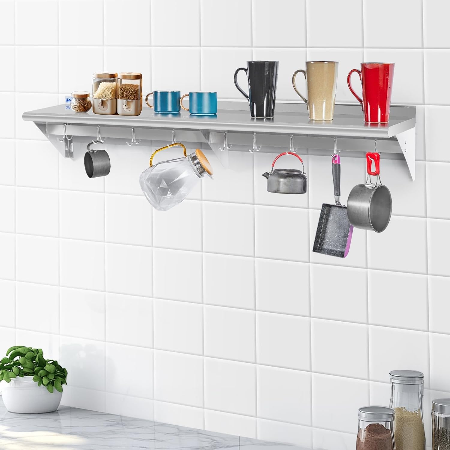 Hally Stainless Steel Shelf with 9 Hooks 12' x 72' Wall Mounted Pot Rack 345lb, NSF Commercial Floating Shelving for Storage Hanging Pots, Pans, cookware in Restaurant, Kitchen, Home and Hotel