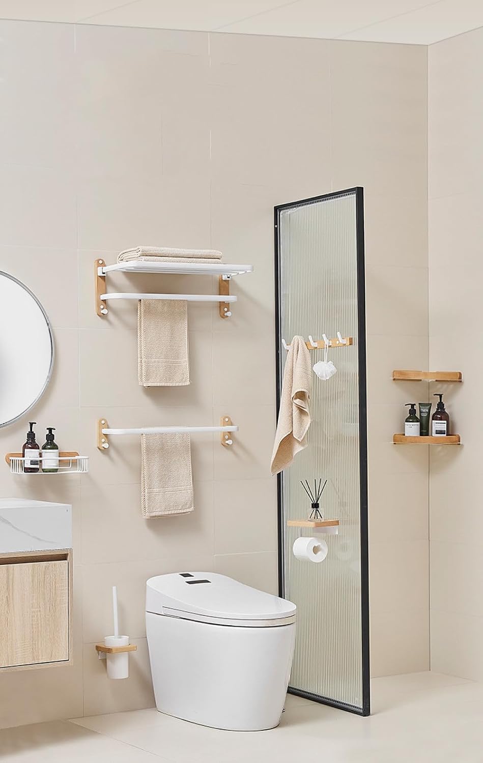 Wooden Bathroom Hardware Sets Towel Ring Rack Paper Holder Towel Bar Hook Shelf Bathroom Accessories White Kit,Towel Rack 60cm