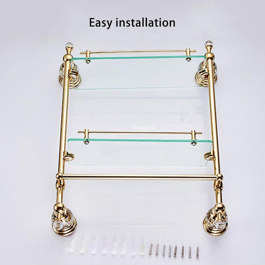 2-Tier Gold Wall Mounted Tempered Glass Bathroom Shelf with Towel Rack - Modern, Contemporary Style
