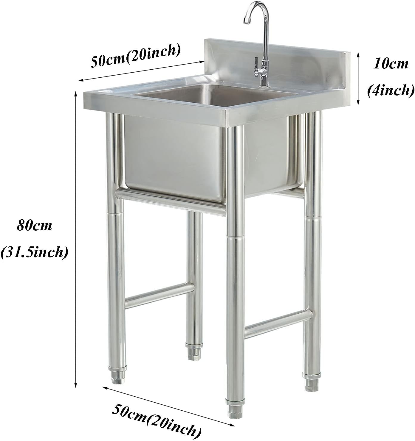 Single Bowl Sink 1 Compartment 304 Stainless Steel Commercial Kitchen Prep Utility Sink Free Standing Sink for Garage, Restaurant, Laundry Room, Indoor Outdoor