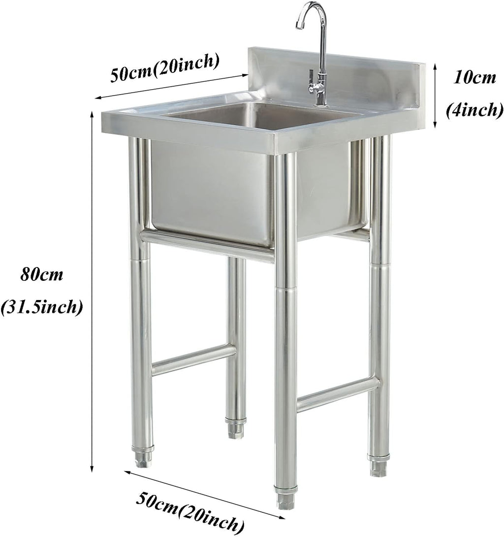 Commercial Kitchen Sink 304 Stainless Steel Free-Standing Utility Sink Set Single Bowl Sink for Garage, Restaurant, Bar, Laundry Room, Indoor Outdoor